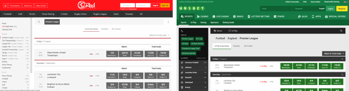 Comparison of sports betting at 32Red and Unibet