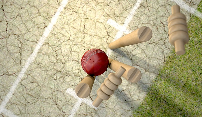 3D Red Cricket Ball Hitting Stumps