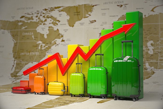3D Tourism Growth Chart with Luggage and World Map