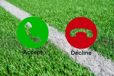 Accept and Decline Call Icons Against Diagonal View of Football Pitch Line
