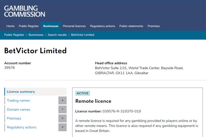 BetVictor License Page on UKGC Public Register