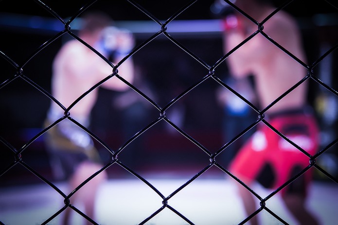 Blurred MMA Fighters View Through Cage Mesh