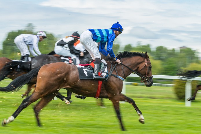 Blurred Racehorses in a Line Across Track