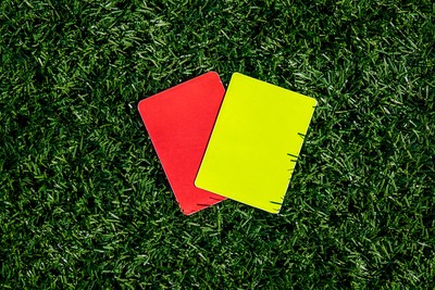 Football Red and Yellow Cards Lying on Grass