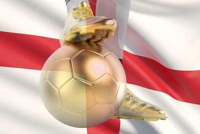 Gold Football Boots and Ball Against England Flag