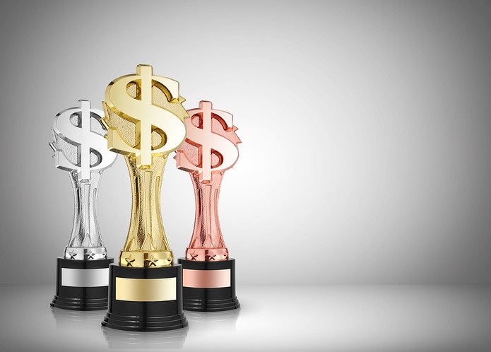 Gold, Silver and Bronze Dollar Sign Trophies