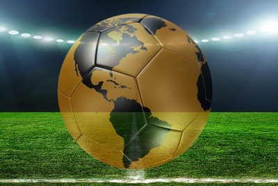 Gold World Map Football in Floodlit Stadium