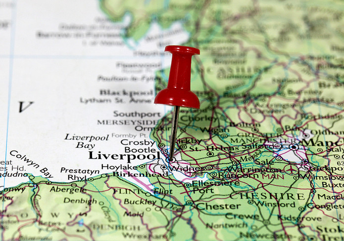 Map with Red Pin in Liverpool