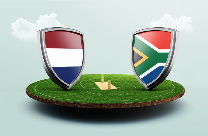 Netherlands and South Africa Flag Shields on Cricket Pitch