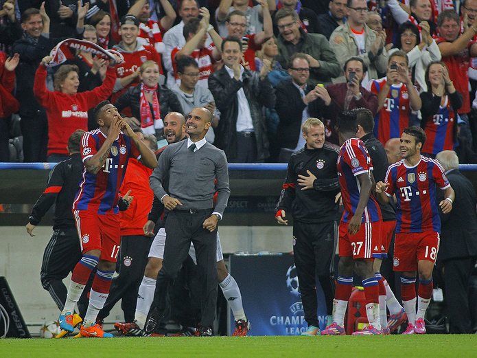 Pep Guardiola Celebrating with Bayern Munich Players