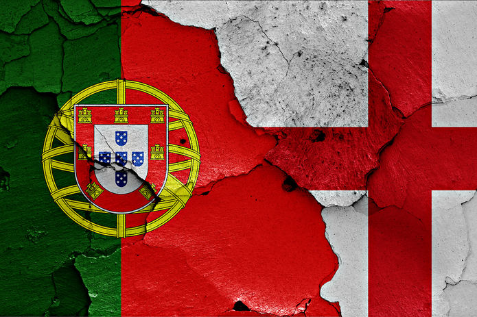 Portugal and England on a Flags Cracked Wall