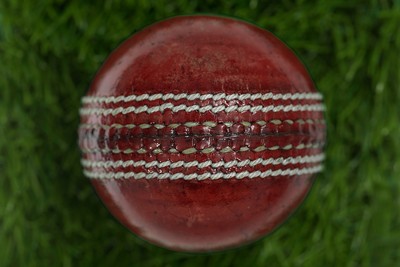 Red Cricket Ball Close Up Against Blurred Grass