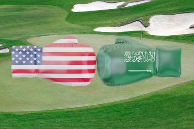 USA and Saudi Flag Boxing Gloves Against Golf Green