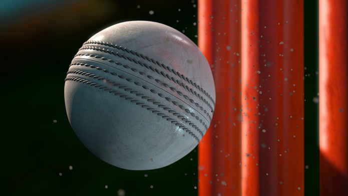 Bola Kriket Putih Memukul Gawang Merah Close Up