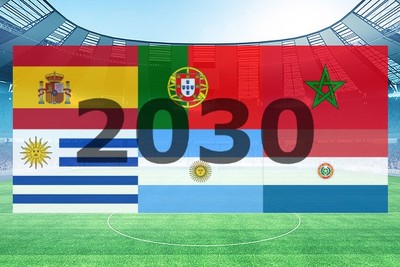 World Cup 2030 Host Country Flags Against Stadium